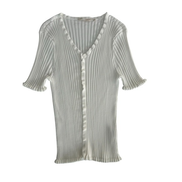 Soft Surroundings Women Sz 1X White Ribbed Scallop Edge Button Up Sweater Tee - Picture 2 of 8